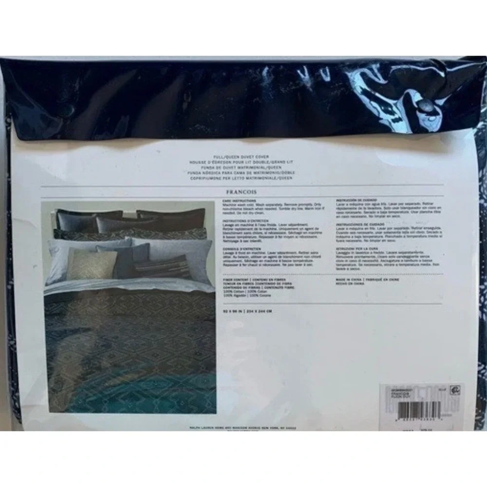 Ralph Lauren Francois Full Queen Duvet Cover Navy Blue 100% Cotton 92x96 NEW